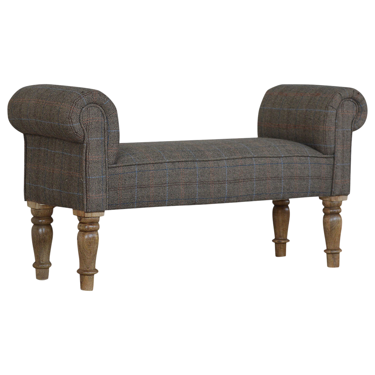 Cheltenham Bedroom Bench in Heritage Tweed, three-quarter view showing the full profile.