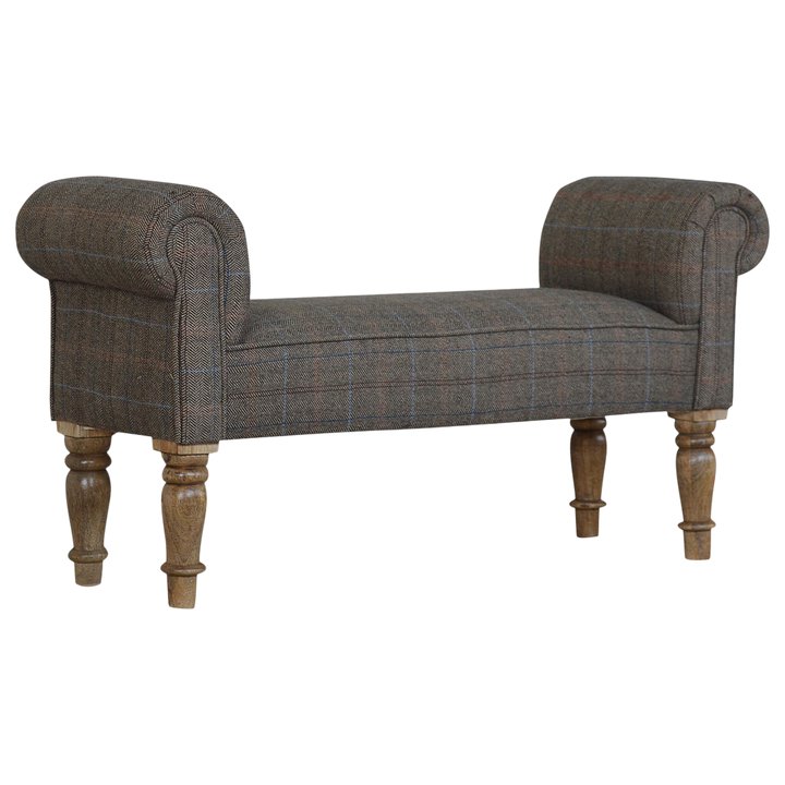 Cheltenham Bedroom Bench in Heritage Tweed, three-quarter view showing the full profile.