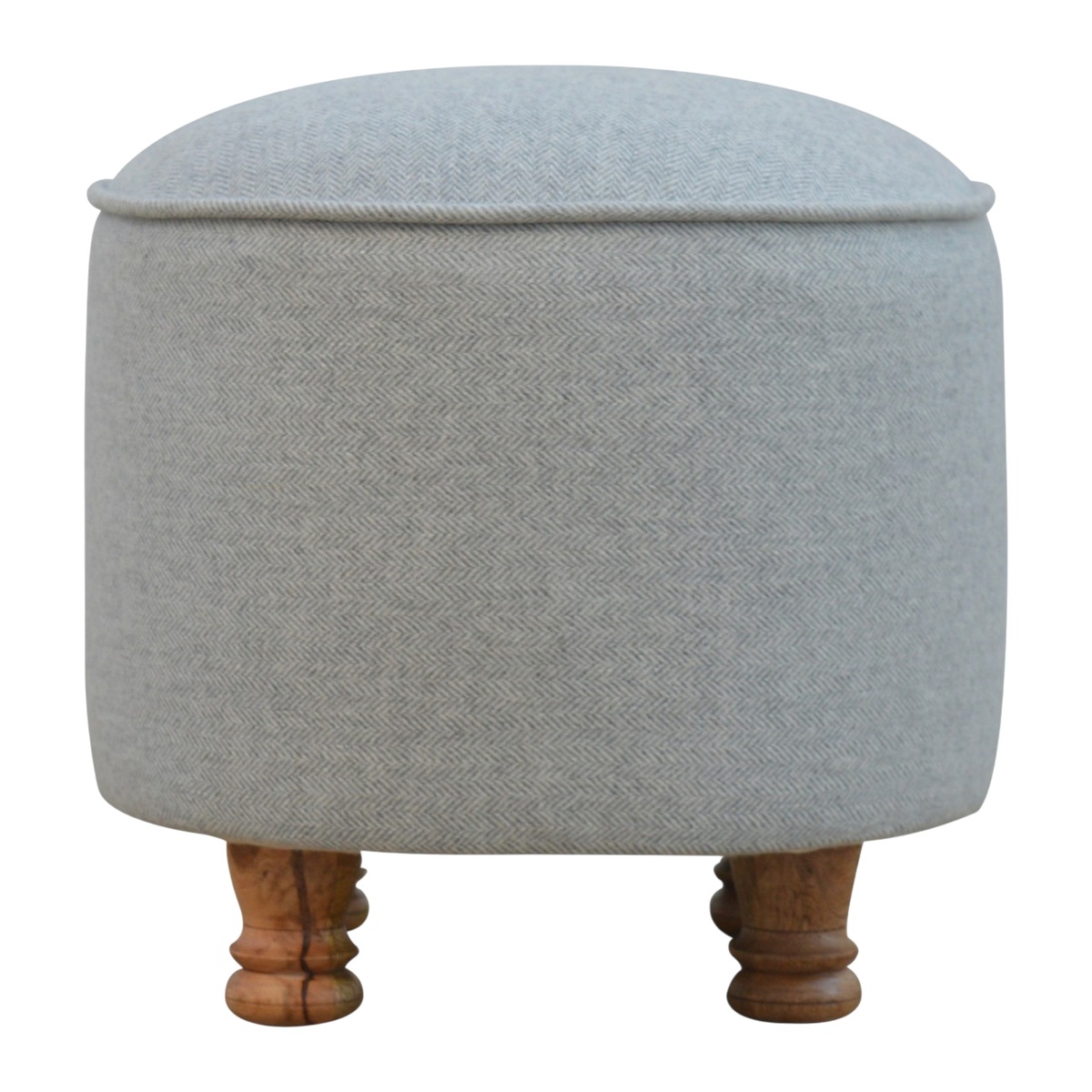 Cheltenham Oval Footstool in Dove Tweed, three-quarter view from the opposite side.