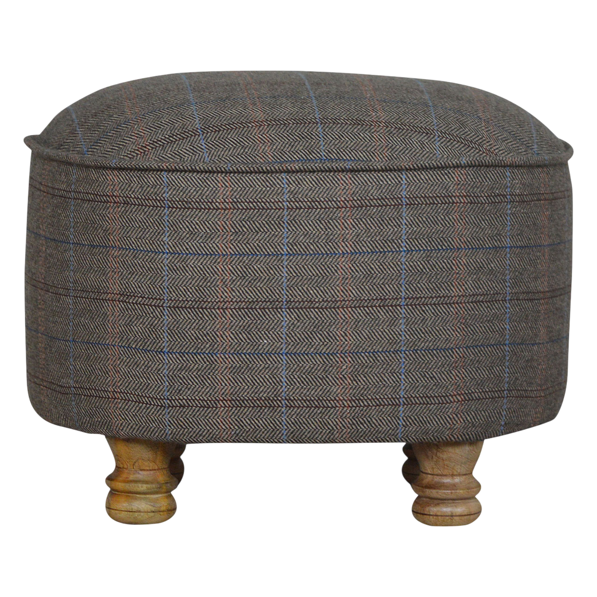 Cheltenham Oval Footstool in Heritage Tweed, front view. Heritage tweed in mixed wool over a solid hardwood frame, turned bun feet.