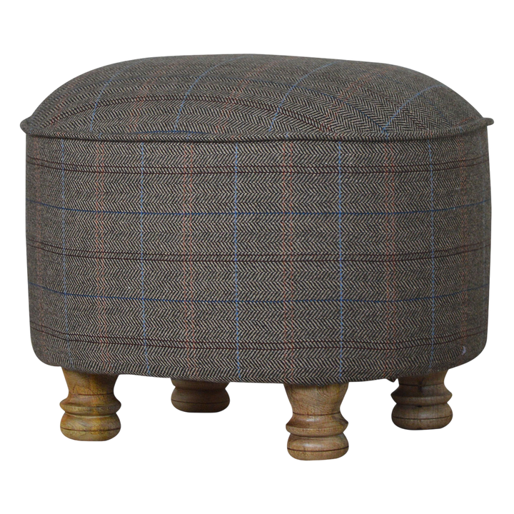 Cheltenham Oval Footstool in Heritage Tweed, three-quarter view showing the full profile.