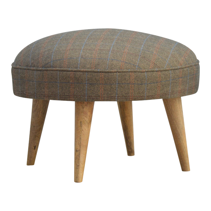 Cheltenham Square Footstool in Heritage Tweed, front view. Heritage tweed in mixed wool over a 100% solid hardwood frame, four tapered legs in a pale amber finish.