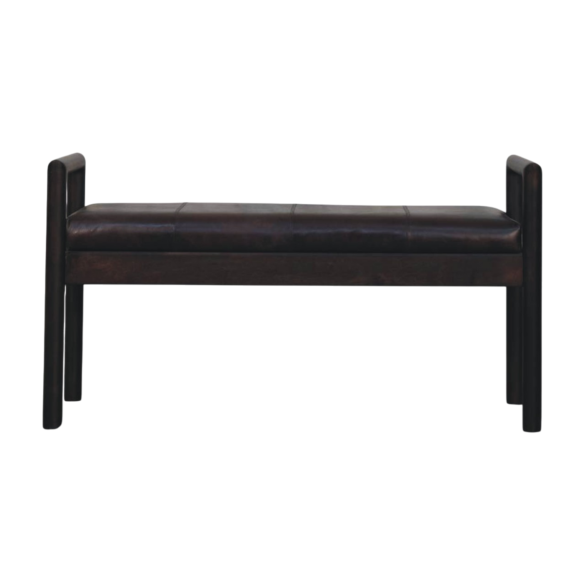 Clerkenwell Leather Bench in Charcoal, front view. Charcoal leather over a solid wood frame, open grid-line structure, squared-off form.