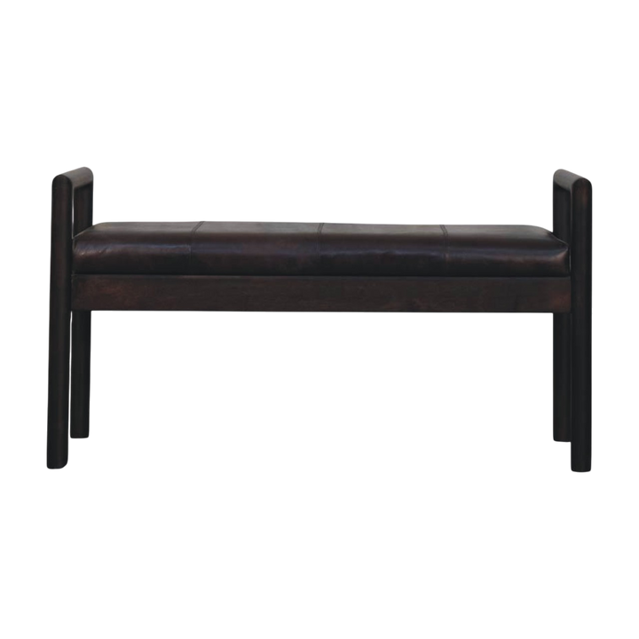 Clerkenwell Leather Bench in Charcoal, front view. Charcoal leather over a solid wood frame, open grid-line structure, squared-off form.