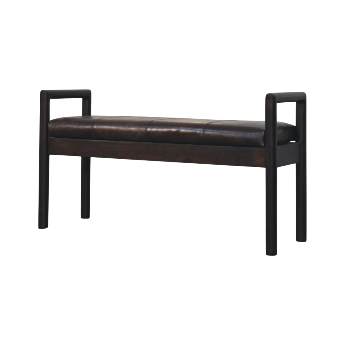Clerkenwell Leather Bench in Charcoal, three-quarter view showing the full profile.