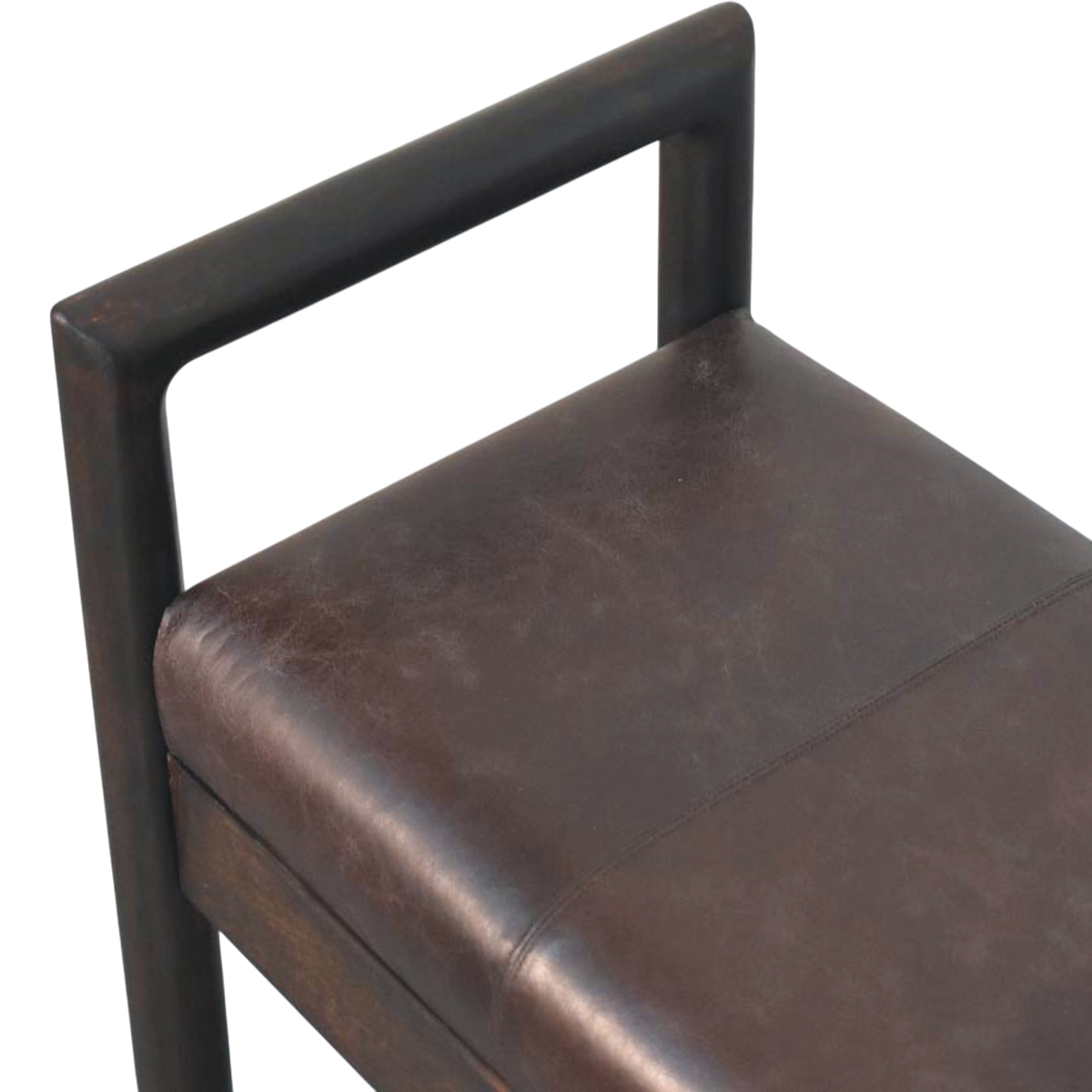 Close view of the arm on the Clerkenwell Leather Bench in Charcoal.