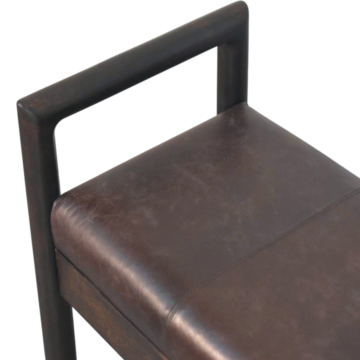 Close view of the arm on the Clerkenwell Leather Bench in Charcoal.