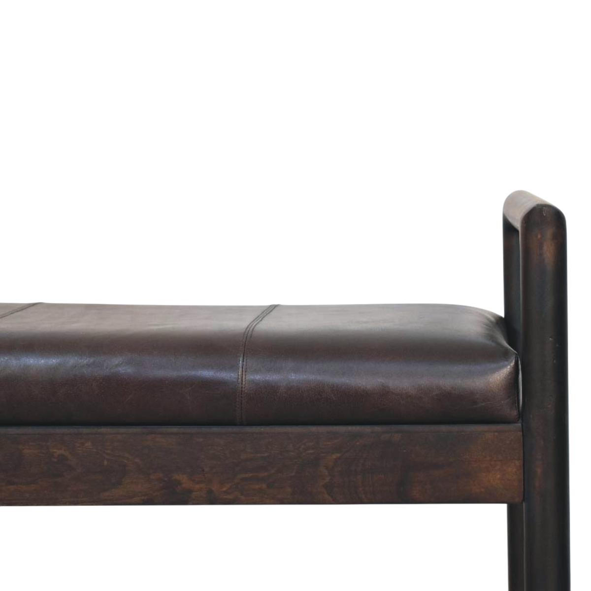 Close view of the seat on the Clerkenwell Leather Bench in Charcoal.