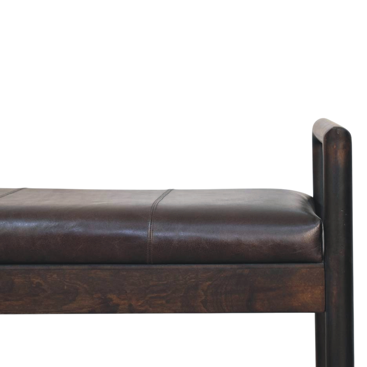 Close view of the seat on the Clerkenwell Leather Bench in Charcoal.