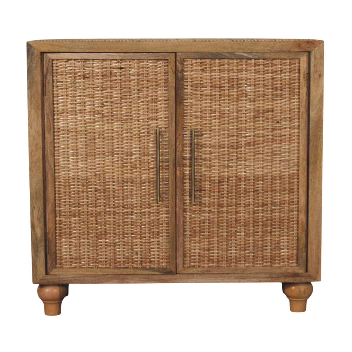 Comporta 2-Door Cabinet in Amber with Natural Rattan, front view. 100% solid hardwood in a warm amber finish, two handwoven rattan door panels, brass handles, interior shelving.