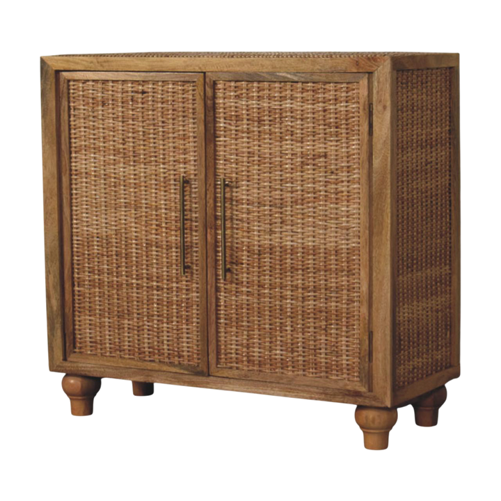 Comporta 2-Door Cabinet in Amber with Natural Rattan, three-quarter view showing the full profile.
