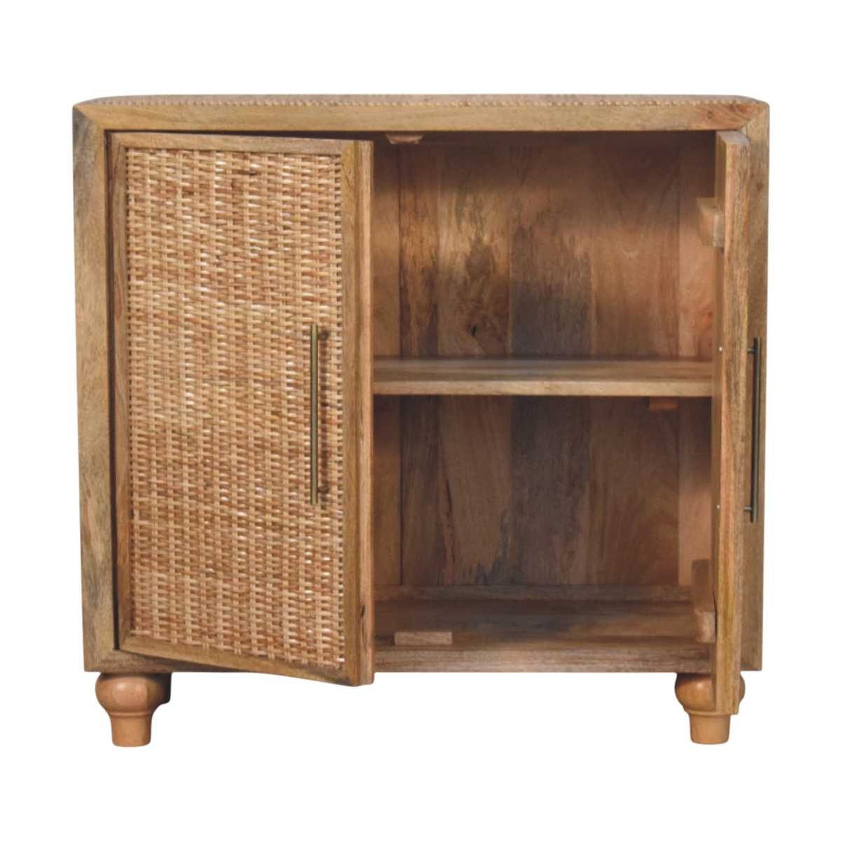 Comporta 2-Door Cabinet in Amber with Natural Rattan, shown with the doors open.