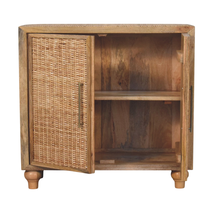 Comporta 2-Door Cabinet in Amber with Natural Rattan, shown with the doors open.