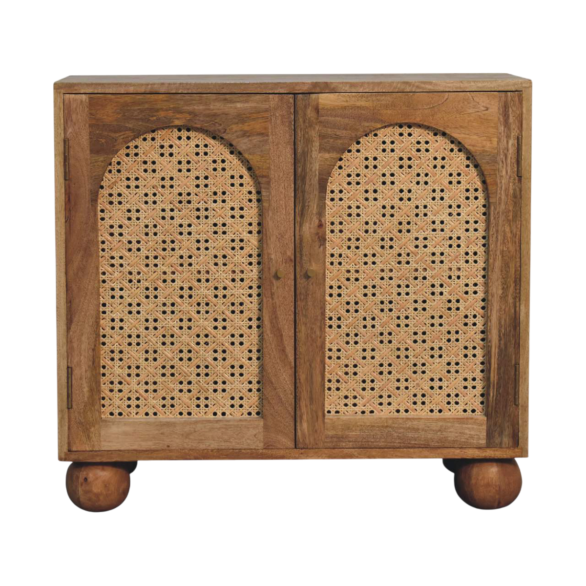 Comporta Arched Cane Cabinet in Amber with Natural Rattan, front view. 100% solid hardwood in a warm amber finish, two arched woven cane doors, brass knobs, turned ball feet.