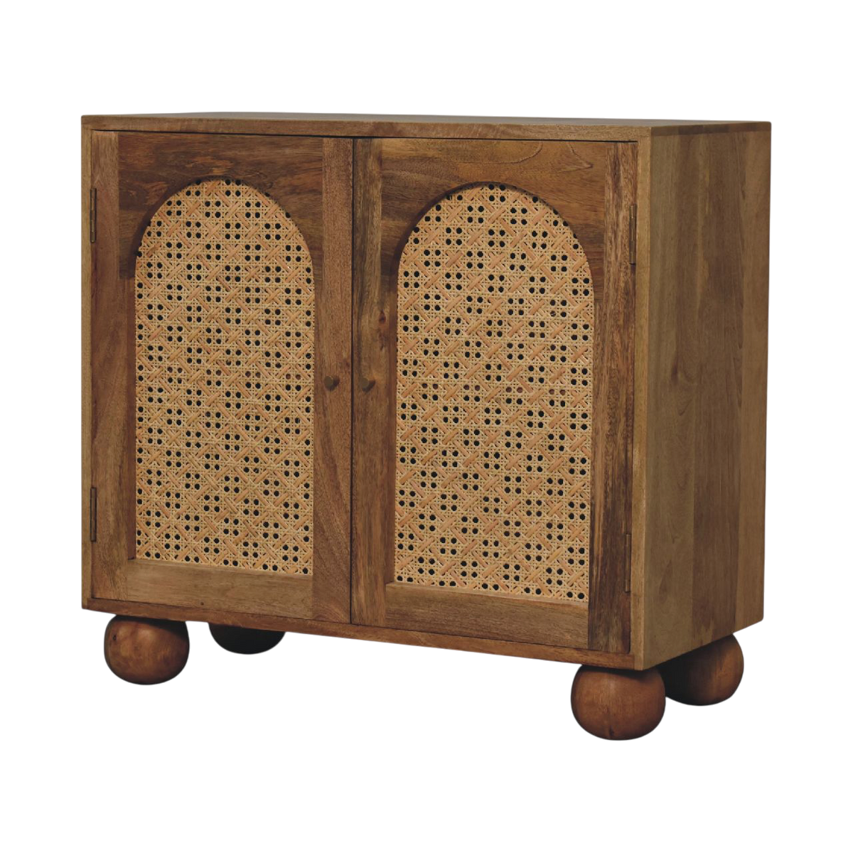 Comporta Arched Cane Cabinet in Amber with Natural Rattan, three-quarter view showing the full profile.
