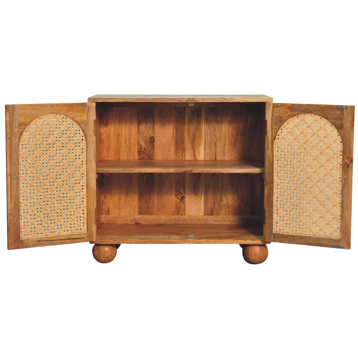 Comporta Arched Cane Cabinet in Amber with Natural Rattan, shown with the doors open.