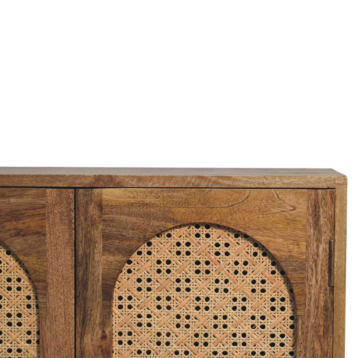 Close view of the woven panels on the Comporta Arched Cane Cabinet in Amber with Natural Rattan.