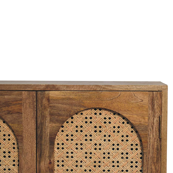 Close view of the woven panels on the Comporta Arched Cane Cabinet in Amber with Natural Rattan.