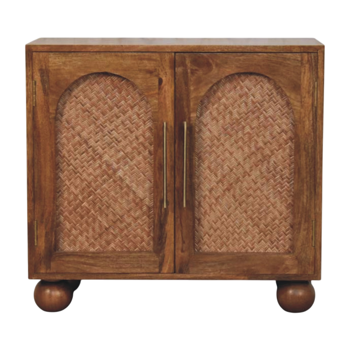 Comporta Arched Cane Sideboard in Amber with Natural Rattan, front view. Solid hardwood in an amber finish, arched door panels hand-woven in a herringbone pattern.