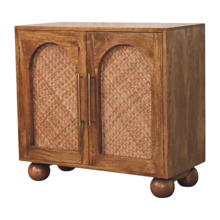 Comporta Arched Cane Sideboard in Amber with Natural Rattan, three-quarter view showing the full profile.