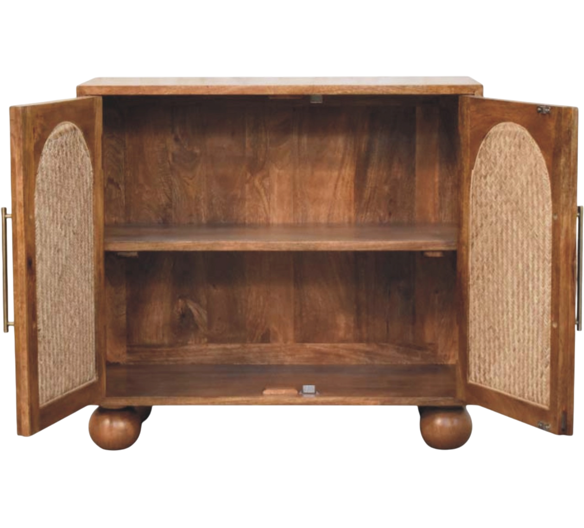 Comporta Arched Cane Sideboard in Amber with Natural Rattan, shown with the doors open.