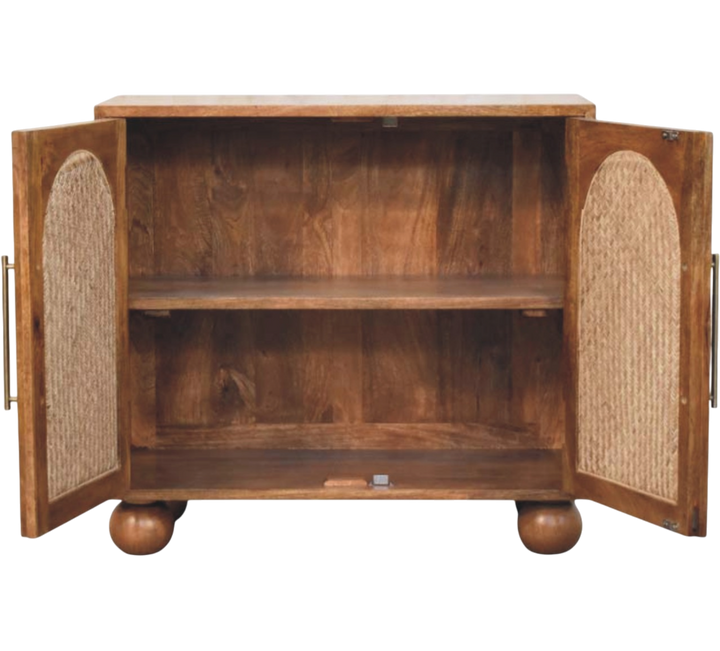 Comporta Arched Cane Sideboard in Amber with Natural Rattan, shown with the doors open.