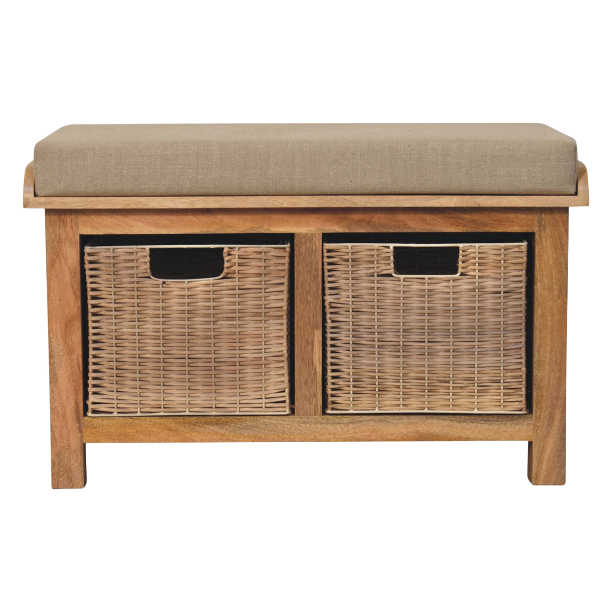 Comporta Basket Bench in Amber with Clay Linen, front view. 100% solid hardwood in a warm amber finish, clay linen seat pad, two removable woven rattan baskets.
