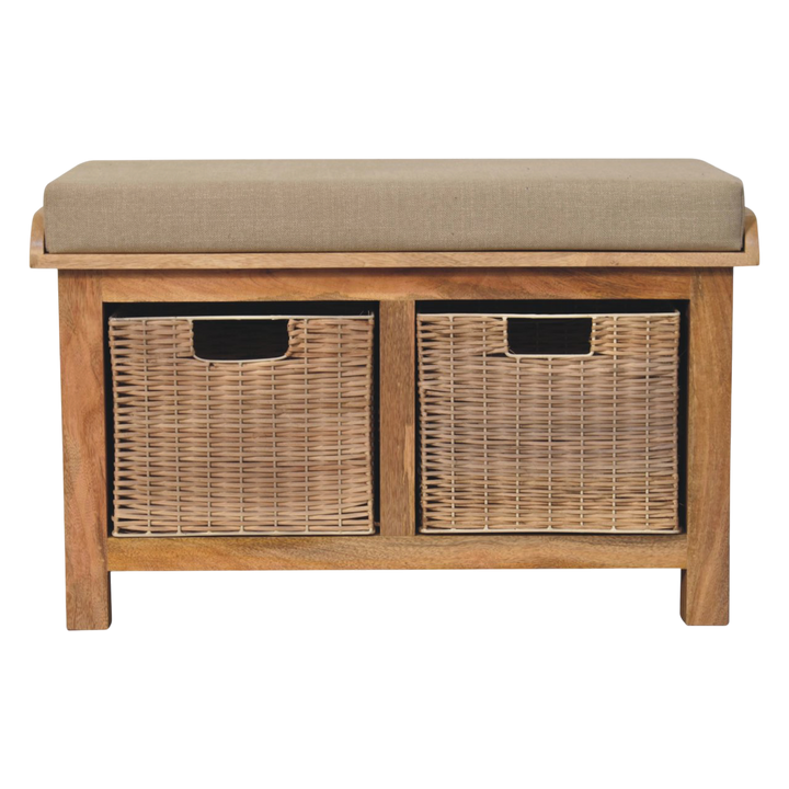 Comporta Basket Bench in Amber with Clay Linen, front view. 100% solid hardwood in a warm amber finish, clay linen seat pad, two removable woven rattan baskets.