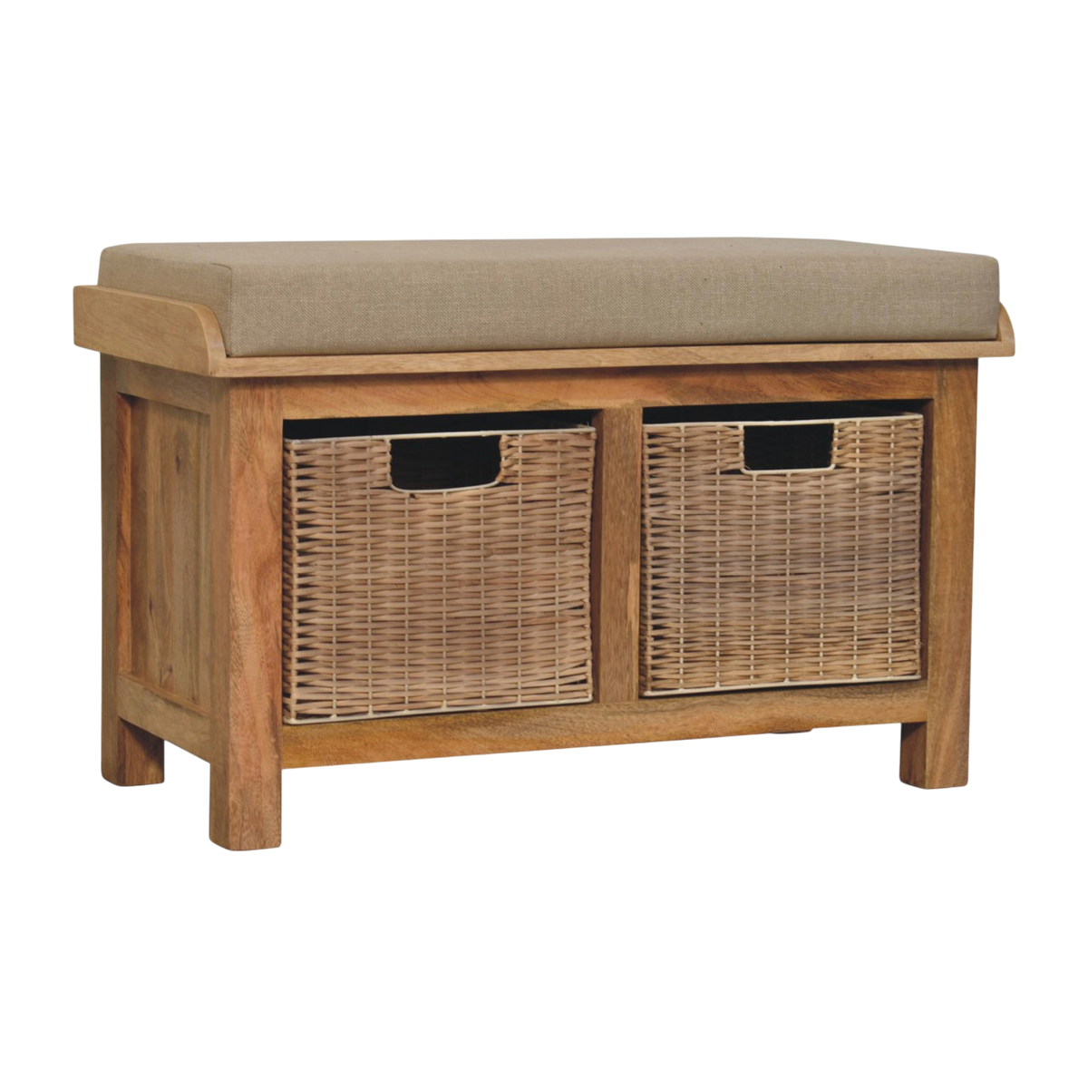 Comporta Basket Bench in Amber with Clay Linen, three-quarter view showing the full profile.
