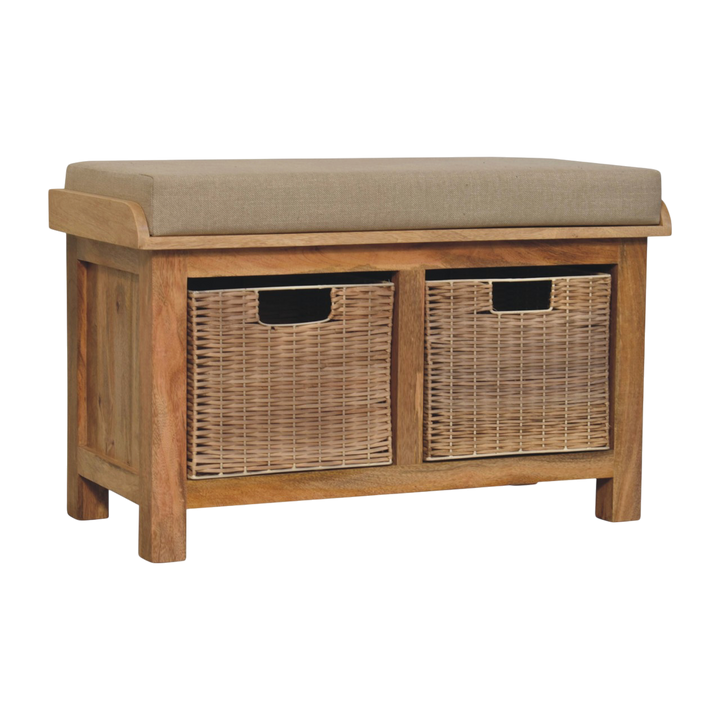 Comporta Basket Bench in Amber with Clay Linen, three-quarter view showing the full profile.
