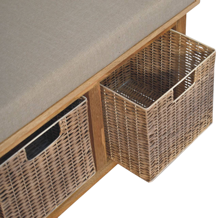 Comporta Basket Bench in Amber with Clay Linen, shown with a drawer open.