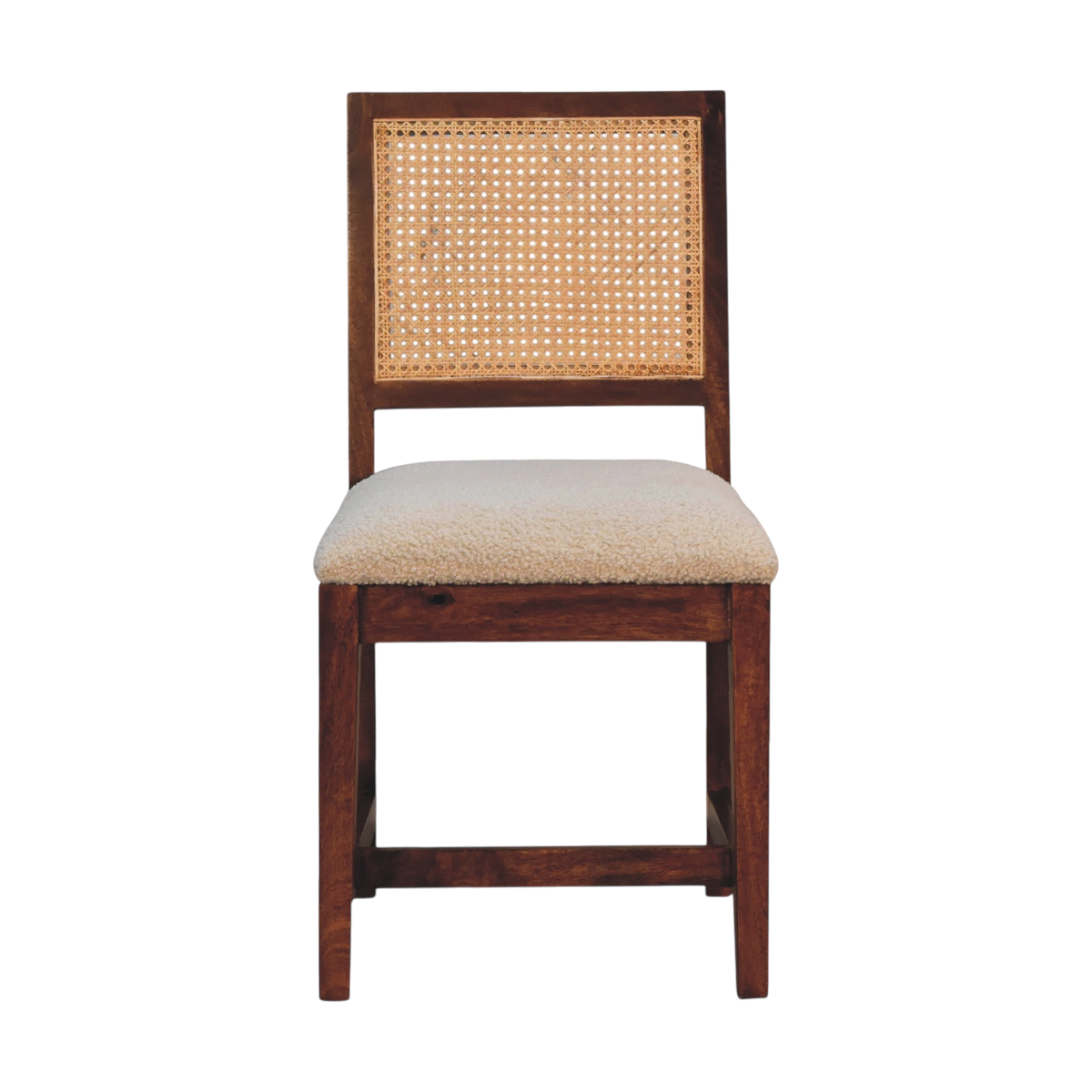 Comporta Cane-Back Chair in Cream Bouclé with Natural Rattan, front view. Woven rattan back panel, cream bouclé seat in cotton and natural yarn.