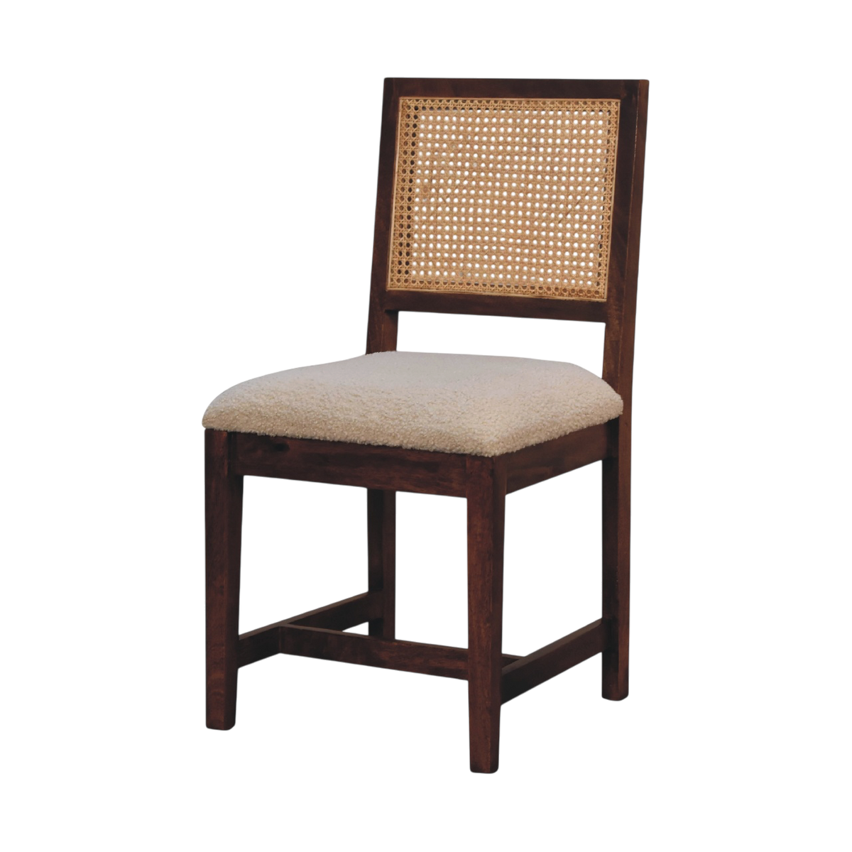 Comporta Cane-Back Chair in Cream Bouclé with Natural Rattan, three-quarter view showing the full profile.