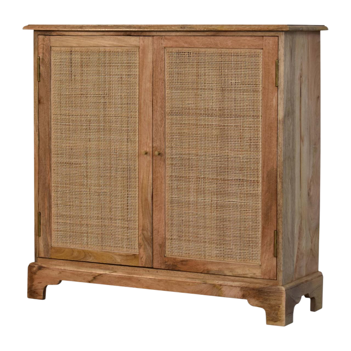 Comporta Cane Cabinet in Amber, three-quarter view showing the full profile.