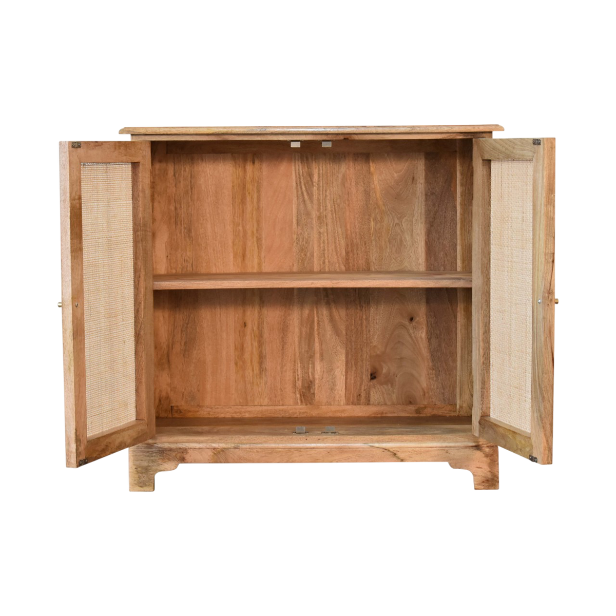 Comporta Cane Cabinet in Amber, shown with the doors open, revealing the interior shelving.