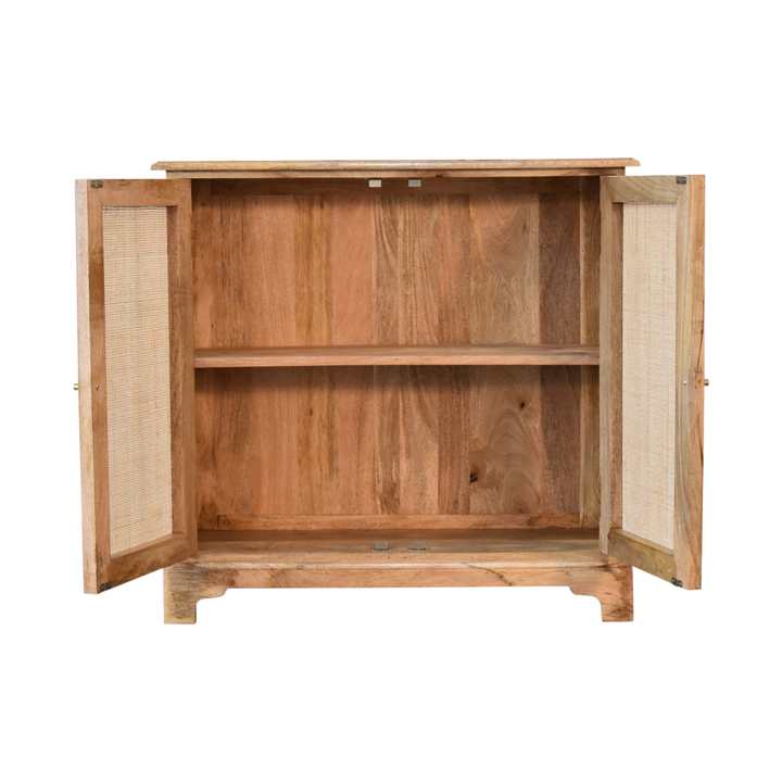 Comporta Cane Cabinet in Amber, shown with the doors open, revealing the interior shelving.