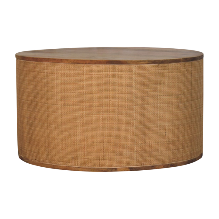 Comporta Drum Coffee Table, front view. Round hardwood top on a rattan-wrapped drum base.