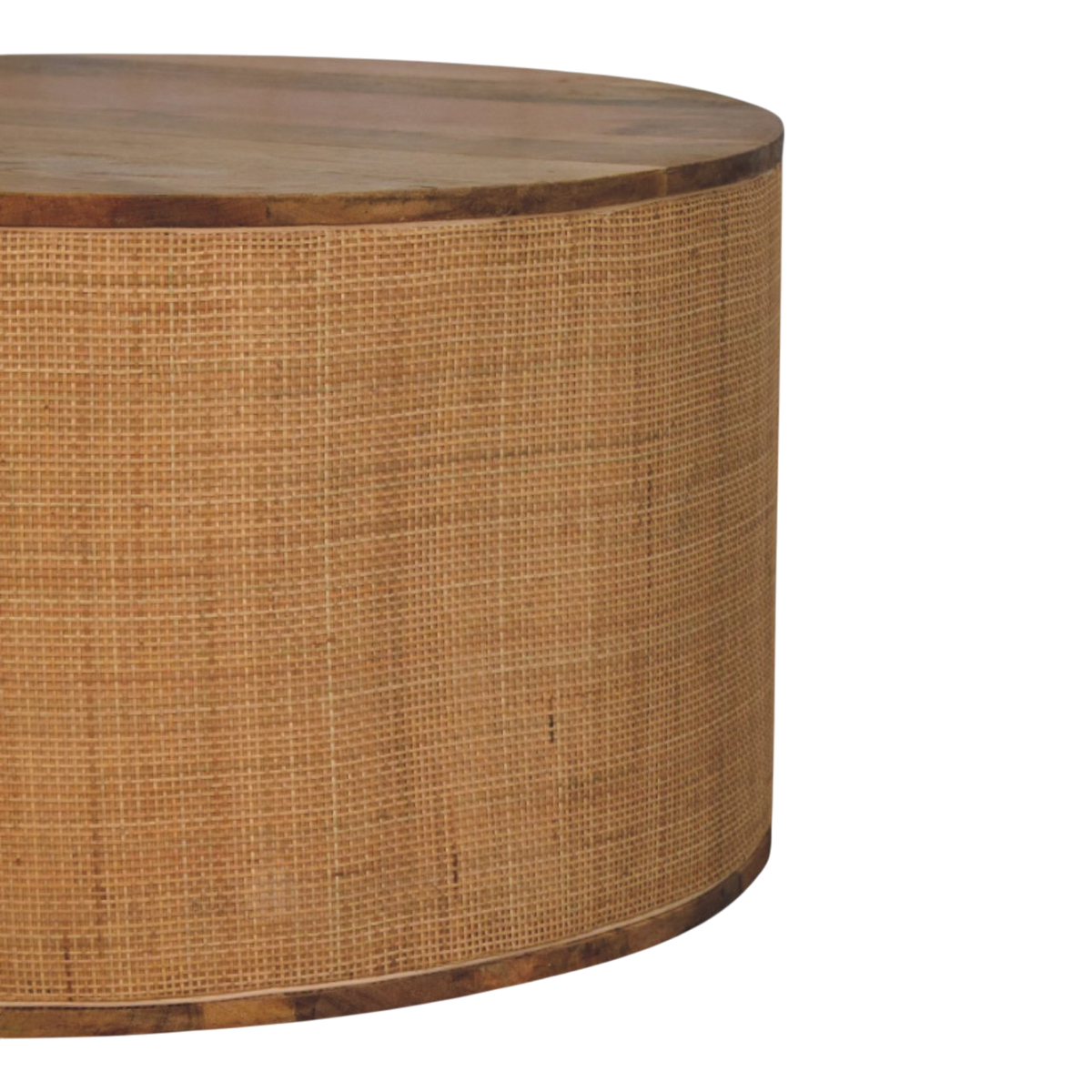 Close view of the rattan wrap on the base on the Comporta Drum Coffee Table.