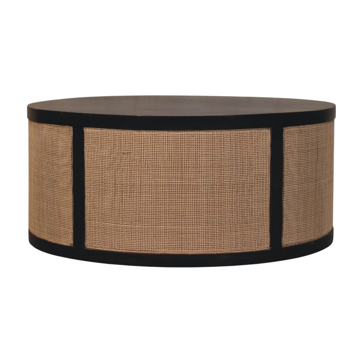 Comporta Drum Coffee Table in Espresso and Natural Rattan, front view. Woven rattan drum base, hardwood top.