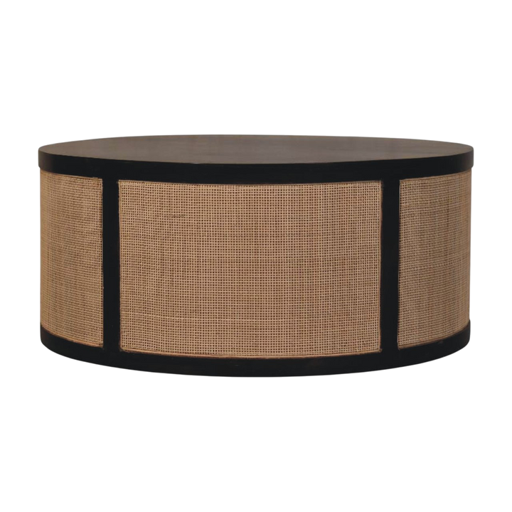 Comporta Drum Coffee Table in Espresso and Natural Rattan, front view. Woven rattan drum base, hardwood top.
