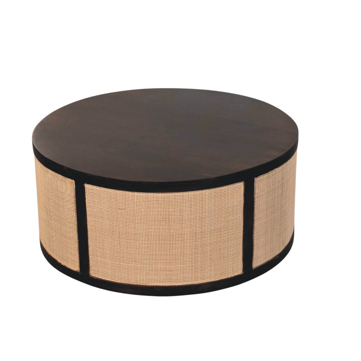 Comporta Drum Coffee Table in Espresso and Natural Rattan, three-quarter view showing the full profile.