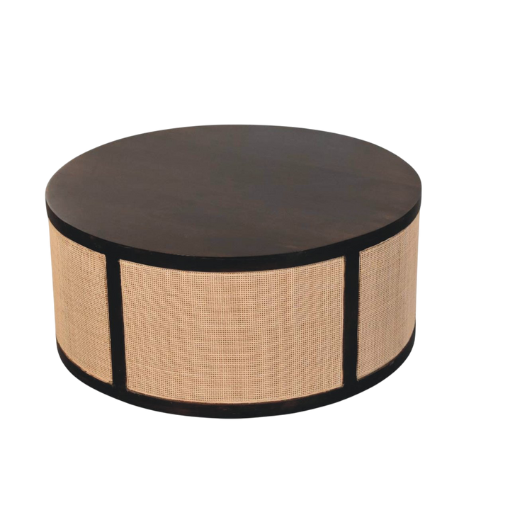Comporta Drum Coffee Table in Espresso and Natural Rattan, three-quarter view showing the full profile.