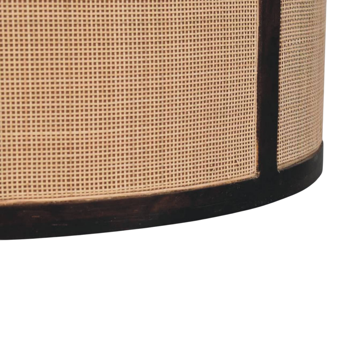 Close view of the rattan wrap on the base on the Comporta Drum Coffee Table in Espresso and Natural Rattan.