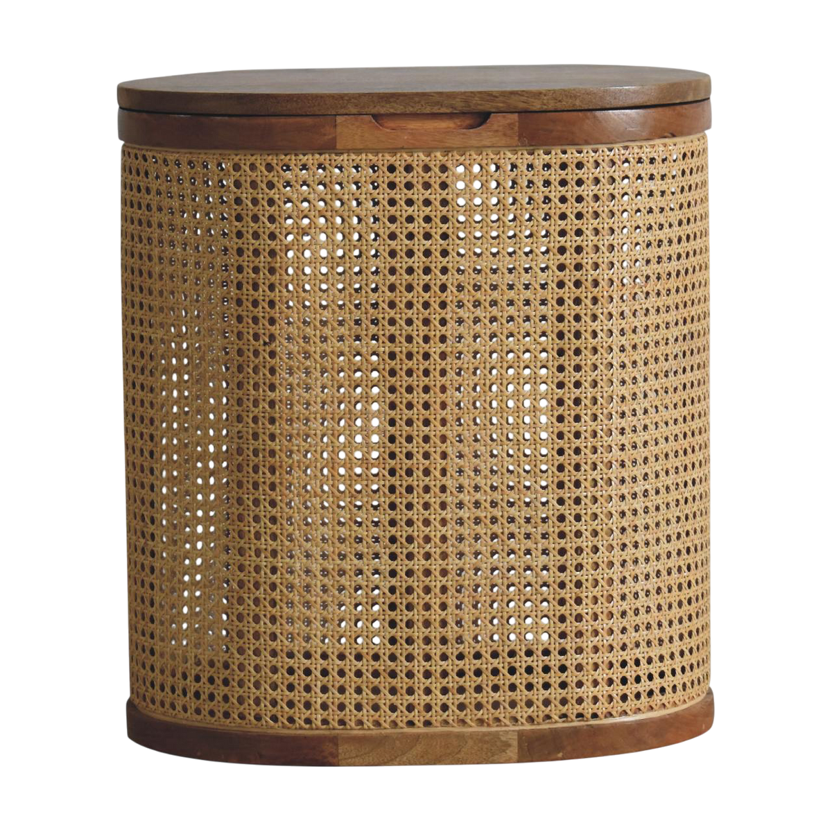 Comporta Lid-Up Storage Stool in Amber with Natural Rattan, front view. 100% solid hardwood in a warm amber finish, woven rattan base panel, lift-up lid, interior storage.