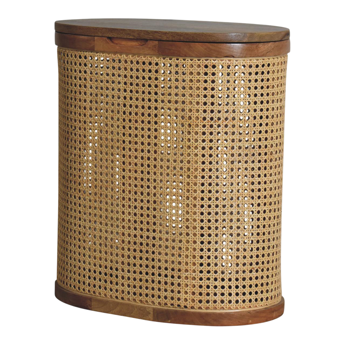 Comporta Lid-Up Storage Stool in Amber with Natural Rattan, three-quarter view showing the full profile.