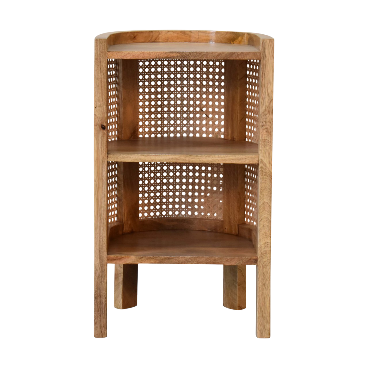 Comporta Mini Open Bedside Table in Amber with Natural Rattan, front view. 100% solid hardwood in a warm amber finish, woven rattan panels, open body, two small internal drawers.