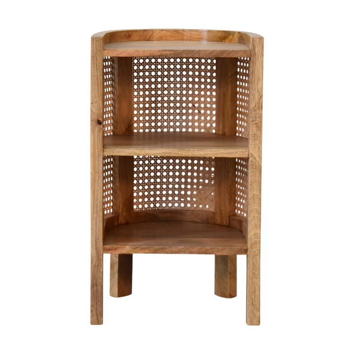Comporta Mini Open Bedside Table in Amber with Natural Rattan, front view. 100% solid hardwood in a warm amber finish, woven rattan panels, open body, two small internal drawers.