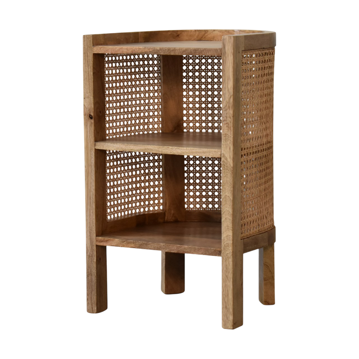 Comporta Mini Open Bedside Table in Amber with Natural Rattan, three-quarter view showing the full profile.
