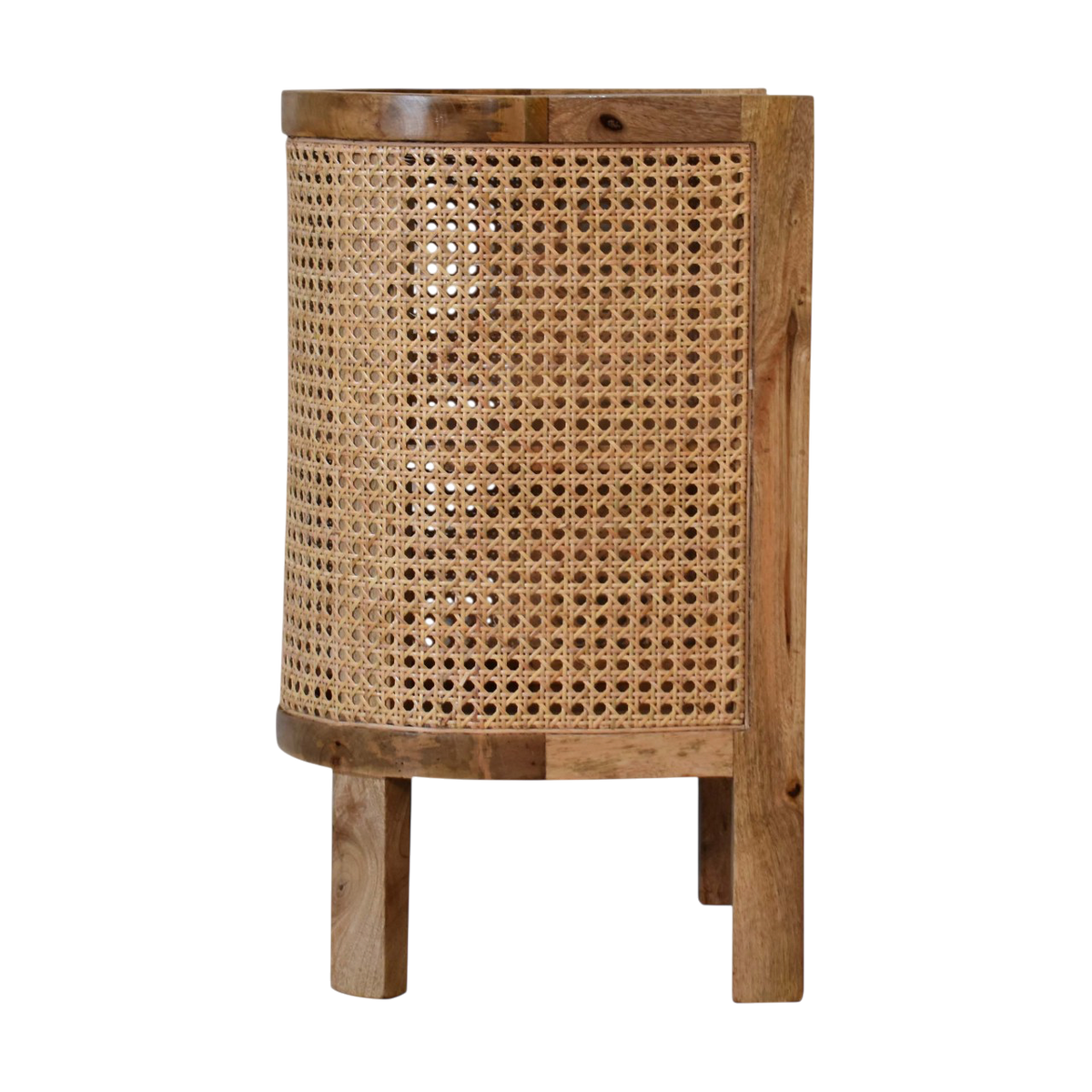 Comporta Mini Open Bedside Table in Amber with Natural Rattan, side view showing the depth.