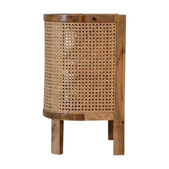Comporta Mini Open Bedside Table in Amber with Natural Rattan, side view showing the depth.
